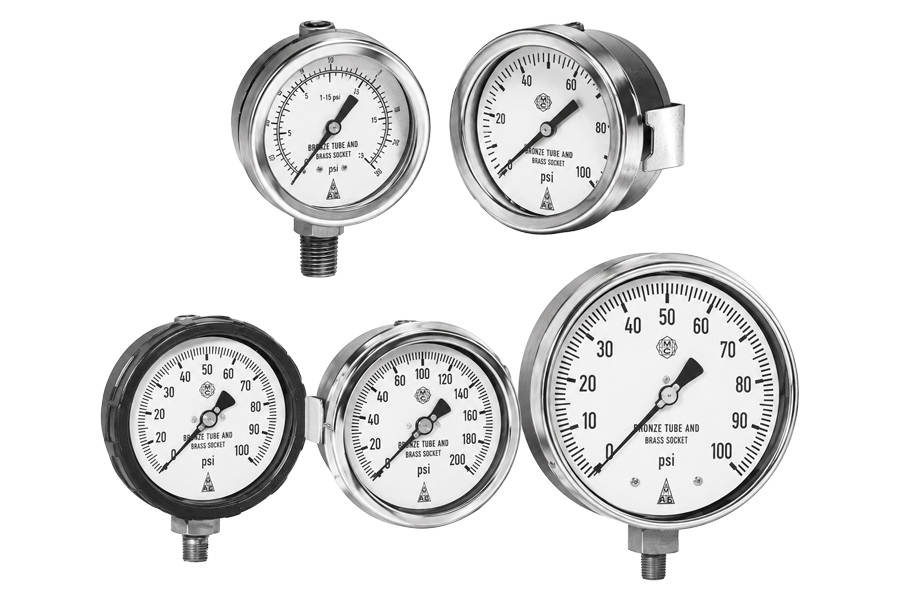 Selection of McDaniel Controls industrial pressure gauges in various sizes with stainless steel cases and analogue dials.