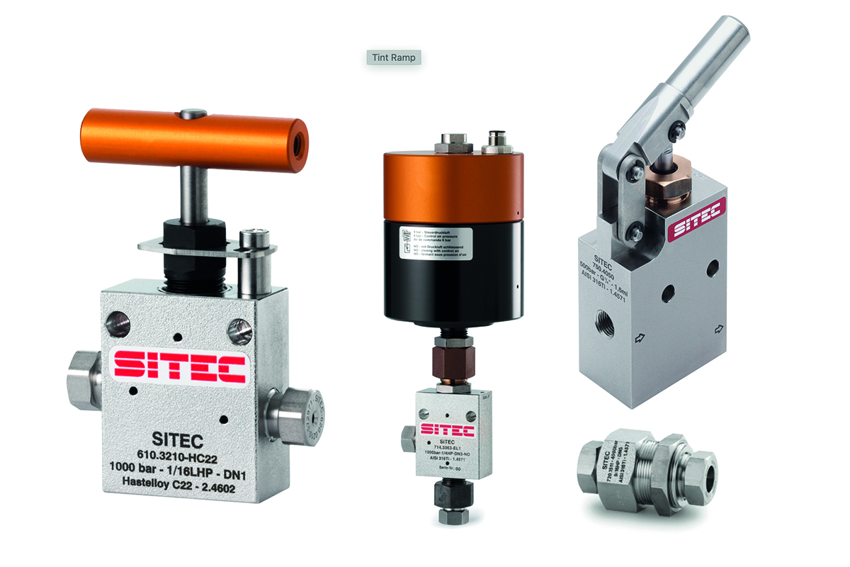 Range of SITEC high pressure valves and fittings, including manual and actuated valves, engineered for industrial pressure control applications.